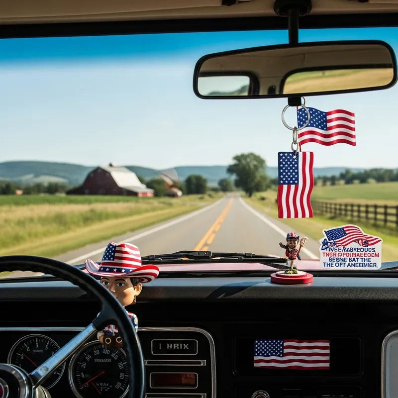 Patriotic American Flag Truck Driving on Country Road