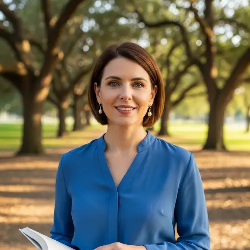 Caucasian Woman in Park with Auburn Hair and Blue Blouse