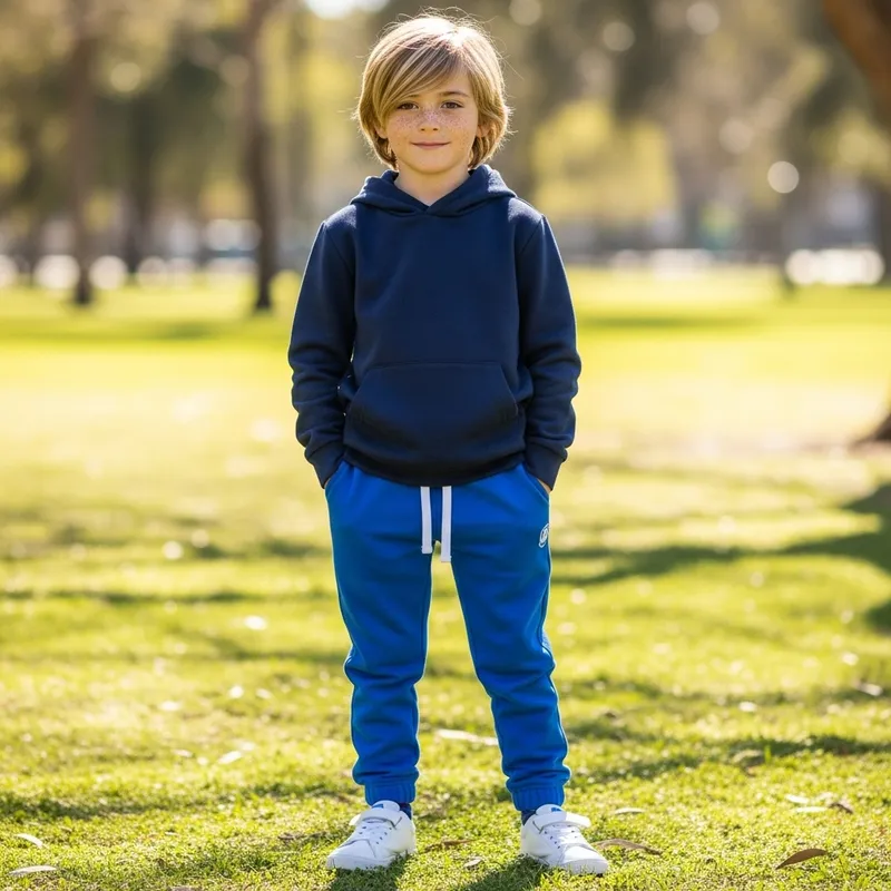 Blonde Boy in Navy Blue Sweatshirt, Royal Blue Pants, and White Sneakers