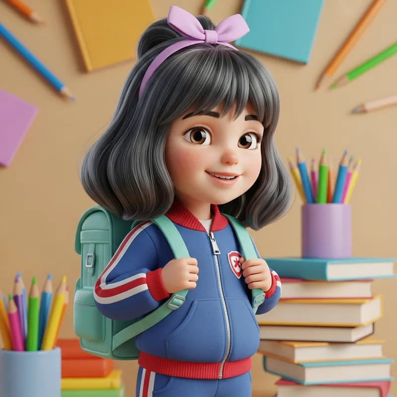 Adorable 3D Caucasian Girl Character for Preescolar | Blue & Red Tracksuit