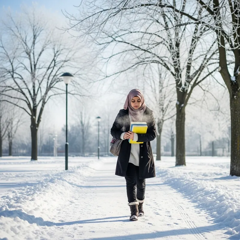 Muslim Student in Winter: Modest Attire in Snowy Landscape