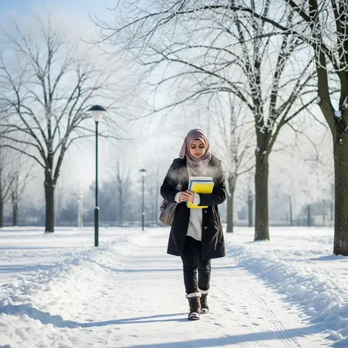Muslim Student in Winter: Scholarly Pursuits in Snowy Landscape
