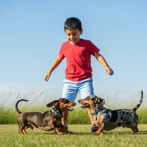 Joyful Hispanic Boy Playing with Dachshund Dogs Outdoors