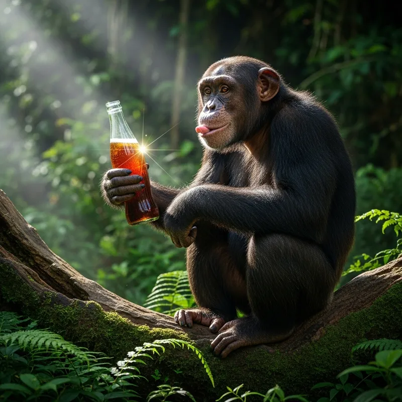 Chimpanzee Drinking Coke in Rainforest Chimpanzee Drinking Coke in Rainforest