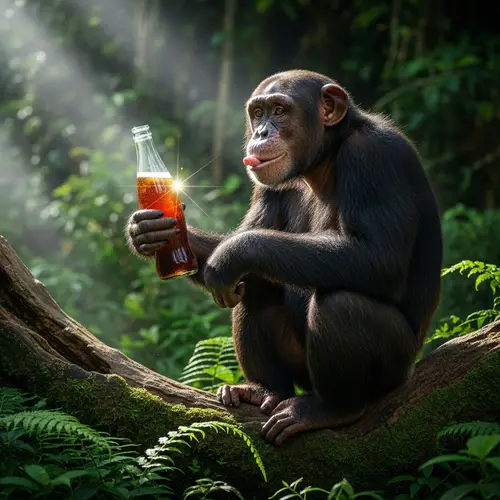 Playful Chimpanzee Enjoying Fizzy Soda in Tropical Rainforest