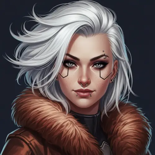 Confident Caucasian Female Character with Striking White Hair