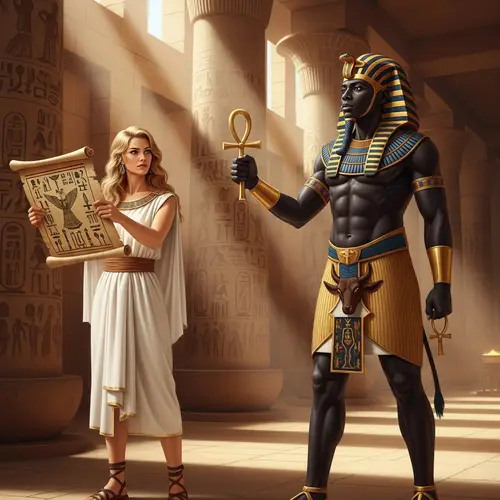Ancient Egypt Black Pharaoh and Caucasian Woman Scene