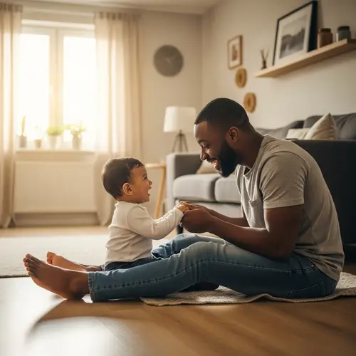 Happy South Asian Baby and Black Father in Cozy Family Home