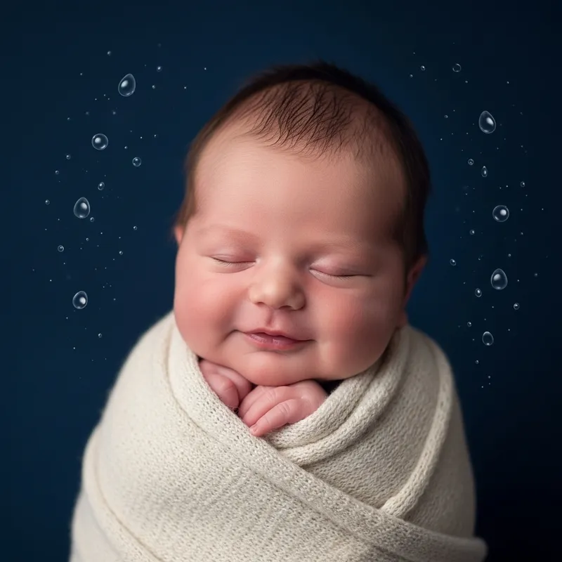 Newborn Baby Swaddled in Warm Blankets on Dark Blue Background