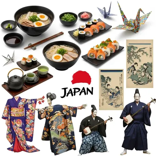 Japanese Culture Collage: Food, Art, Dance, Music & Drama