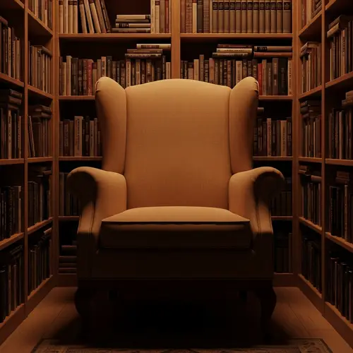 Wingback Chair in Night Mode Among Diverse Books