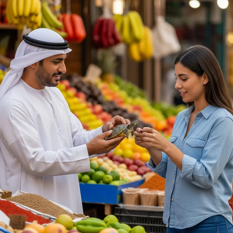 Captivating Market Scene: Man Showcasing Turtle to Interested Woman Captivating Market Scene: Man Showcasing Turtle to Interested Woman