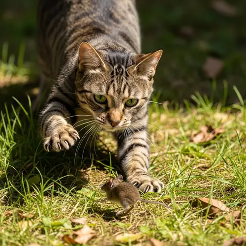 Domestic Cat Hunting Mouse - Nature's Predatory Scene