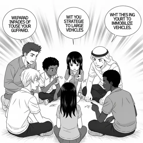 Anime Style Strategy Session: 5 Boys Plan to Stop Vehicles
