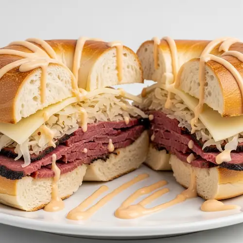 Delicious Bagel with Pastrami, Sauerkraut, Swiss Cheese