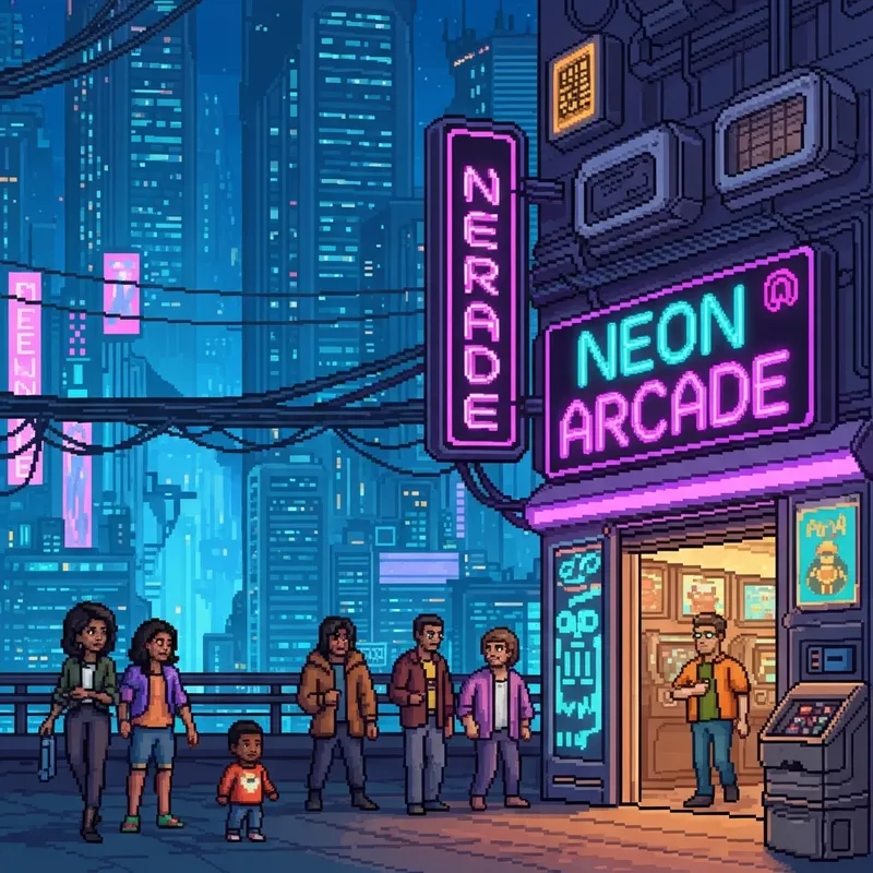 Pixel Art Cyberpunk City with Vibrant Shop Scene Pixel Art Cyberpunk City with Vibrant Shop Scene