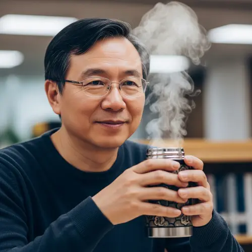 Scholarly Chinese Man Holding a Thermos Cup | Website Name