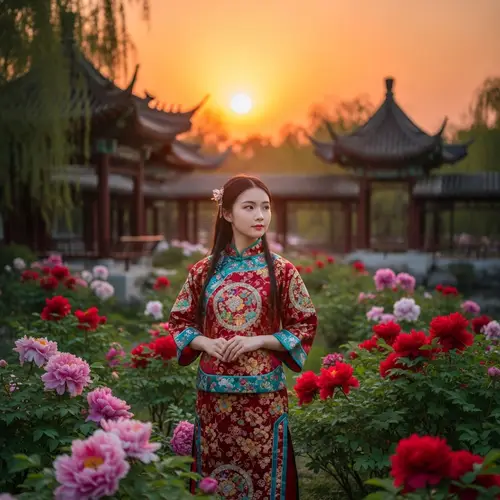 Tranquil Chinese Garden with Peonies and Traditional Pavilion
