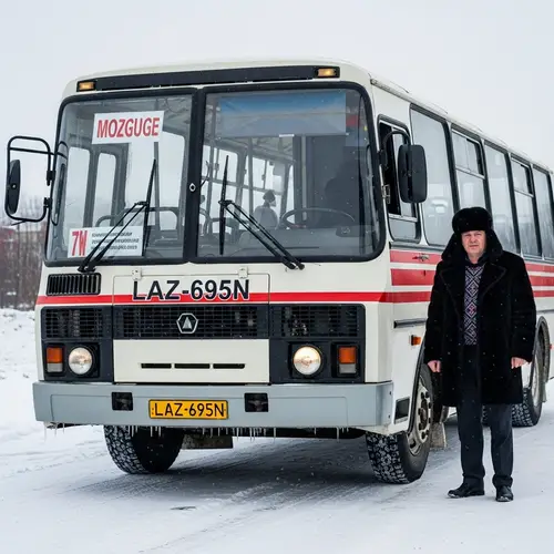 Winter Scene with Soviet-Style Man and LAZ-695N Bus