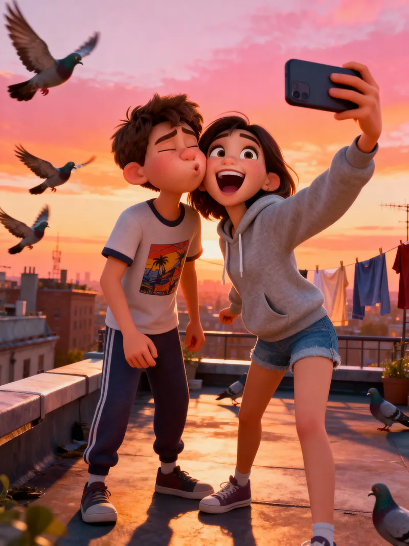 Fun Couple Selfie on Rooftop at Golden Hour