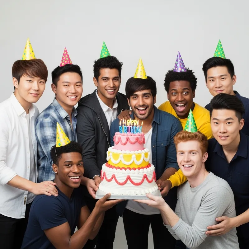 Diverse Group of Eight Men Celebrating with Birthday Cake