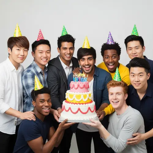 Diverse Group Birthday Celebration | Festive Young Men with Cake