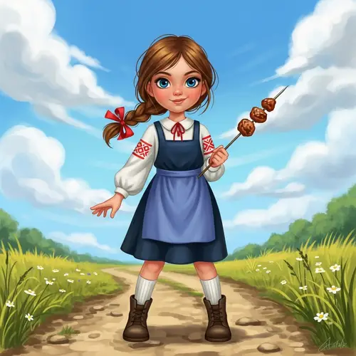 Skoof Girl Art: Young Girl in Classic Clothing with Wooden Skewer