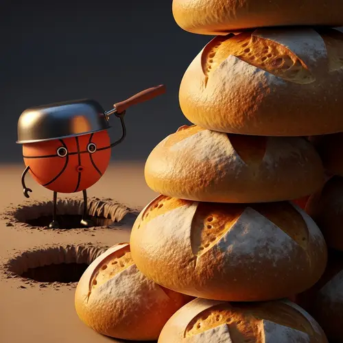 Whimsical Basketball Character with Pan Hat and Sourdough Bread
