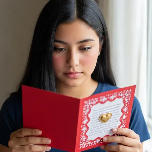 Hispanic Teenage Girl Holding Valentine's Card with Glossy Black Hair