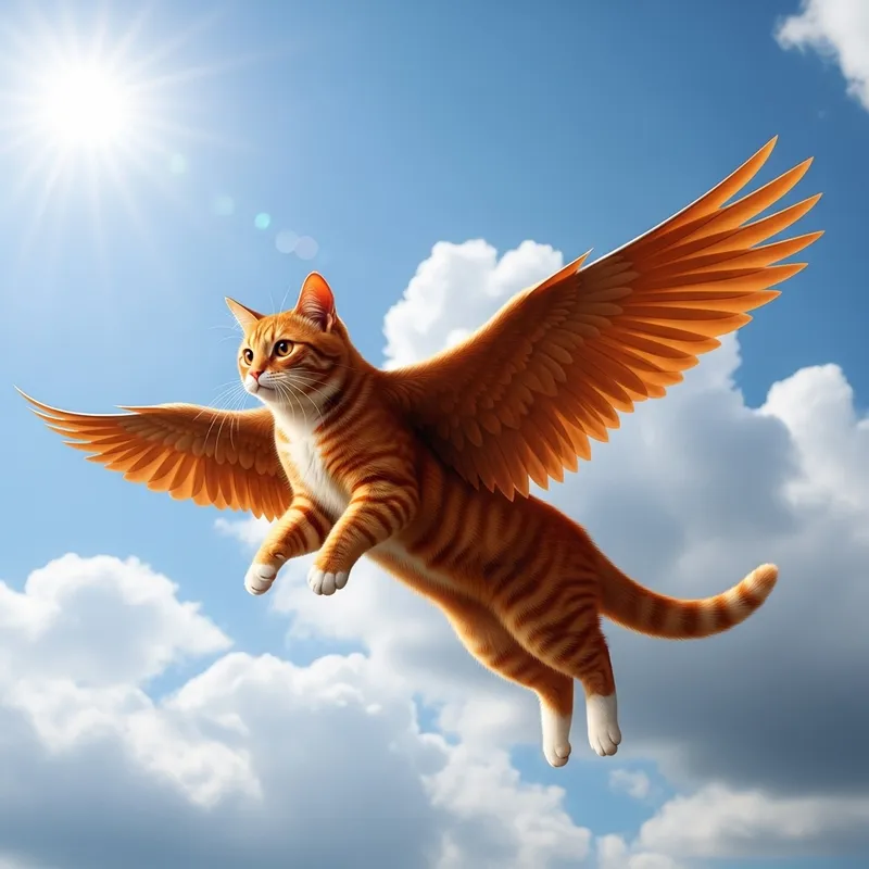 Vibrant Red Cat Flying in Sky