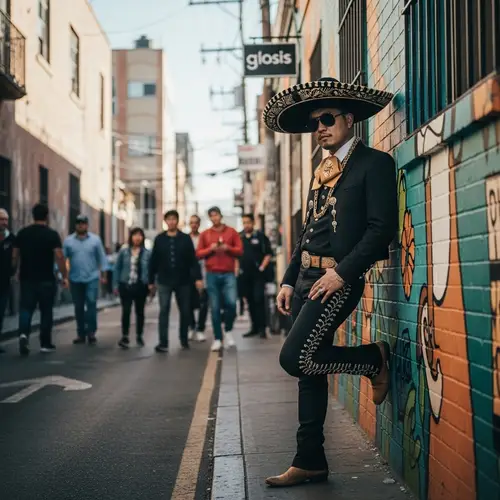 Gangster-Inspired Charro Culture Fusion in Diverse Neighborhood