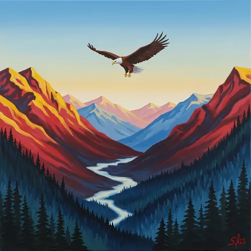 Abstract Painting of Eagle Soaring Over Mountain Valley
