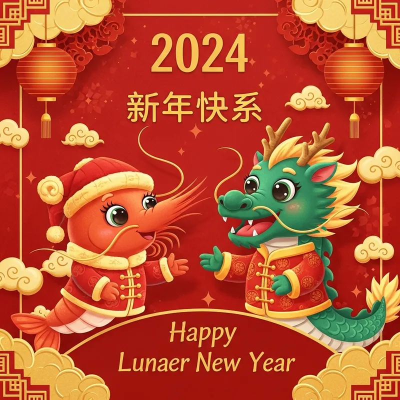 2024 English Lunar New Year Card with Shrimp and Dragon Greetings