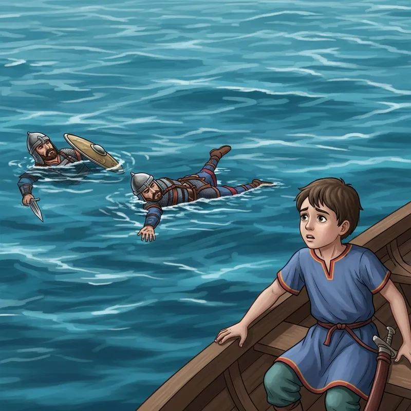 Young Boy in Boat Witnessing Soldiers Drowning at Sea Young Boy in Boat Witnessing Soldiers Drowning at Sea