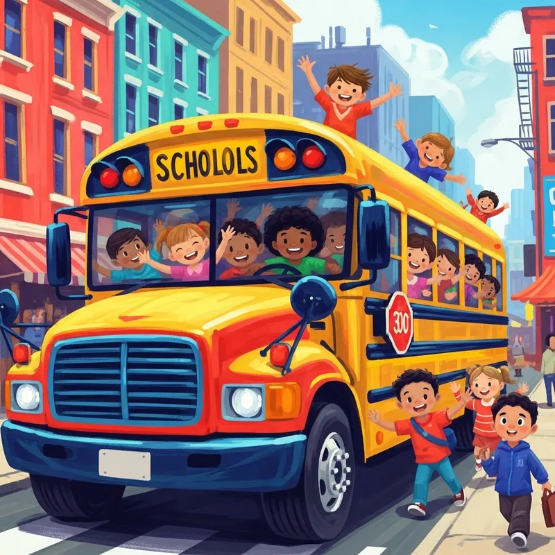 Vibrant City Street with Colorful School Bus
