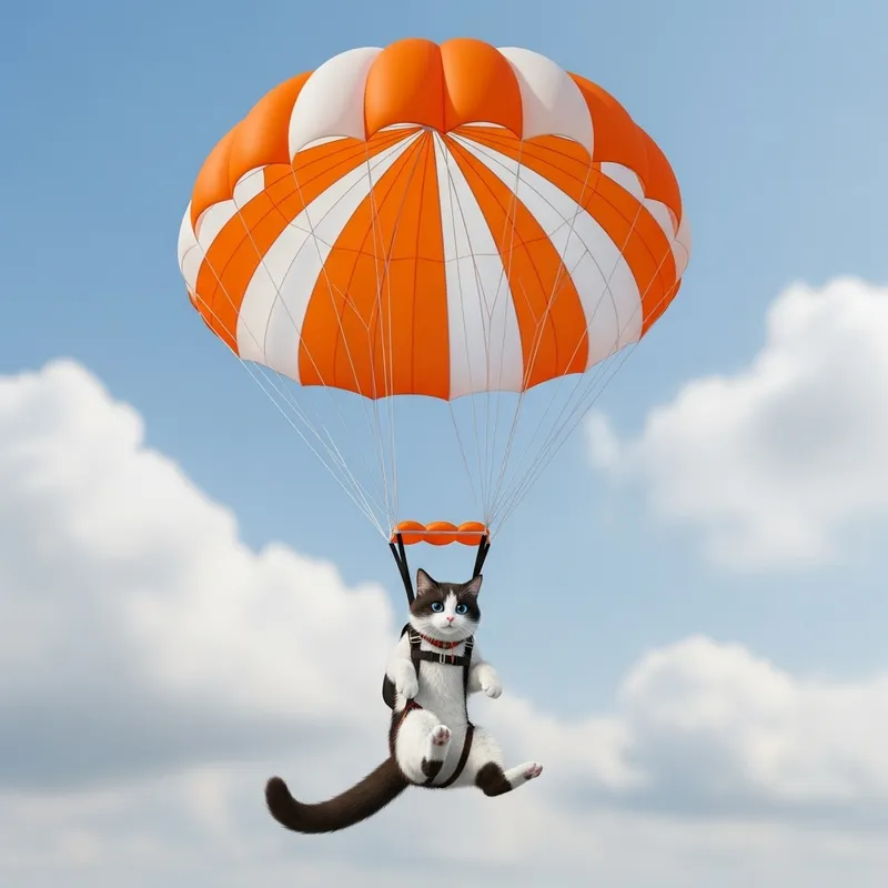 Cat Parachuting: Stunning Jet Black & White Feline in Bright Orange Parachute