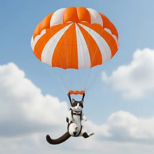 Cat Parachuting: Adorable Jet Black & White Furry Feline in Bright Orange Parachute