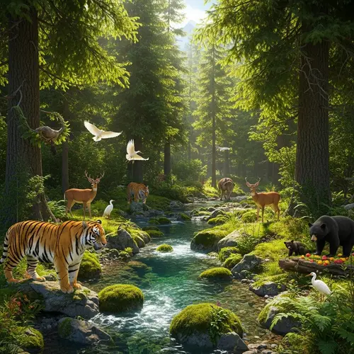Immersive Forest Scene with Diverse Wildlife | Nature's Beauty