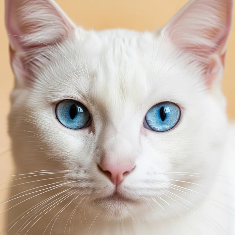 White Cat Face with Striking Blue Eyes on Light Orange Background