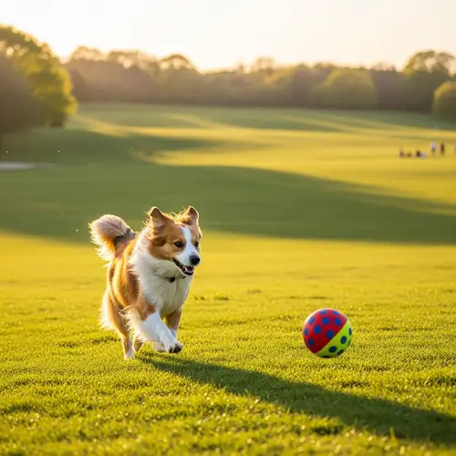 Energetic Domestic Dog Playing in Green Park at Sunset