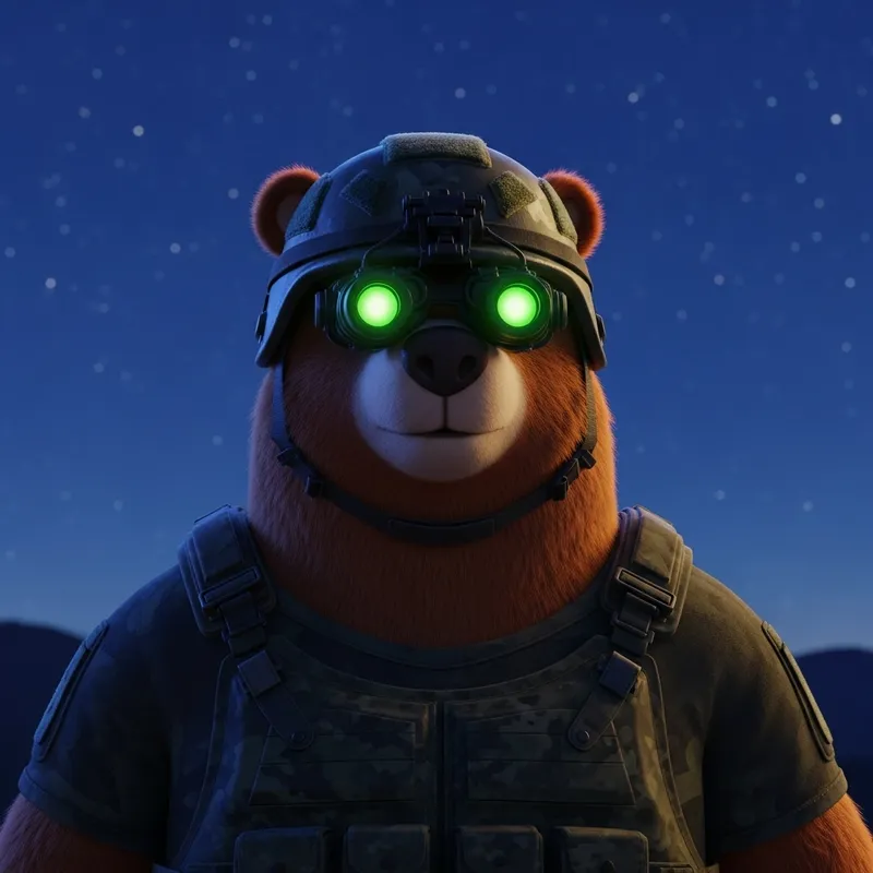 Cartoon Bear in Military Helmet with Night-Vision Goggles - Night Sky Scene