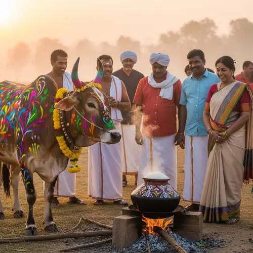 Festive Pongal Celebration with Colorful Cow Amid Traditional Attire