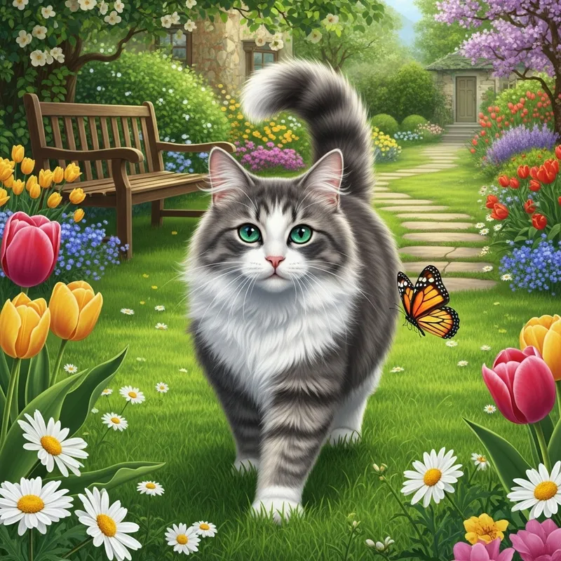 Playful Cat Enjoying Sunny Day in Colorful Garden