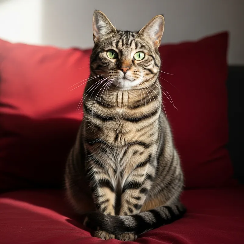 Striking Cat with Dark and Light Patterns on Red Pillow Striking Cat with Dark and Light Patterns on Red Pillow