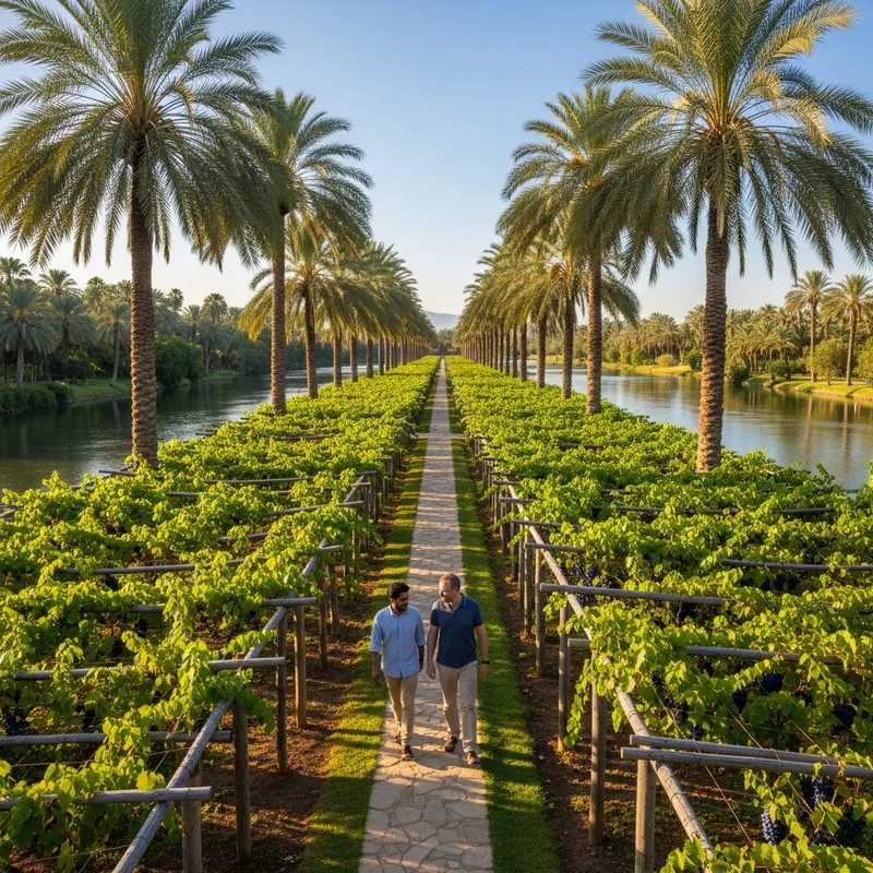 Men Walking Through Lush Gardens with Rivers