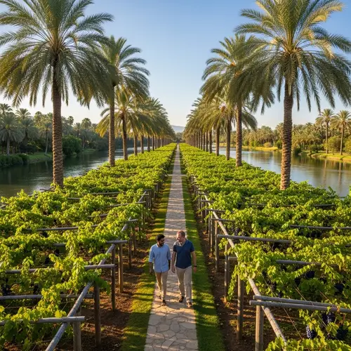 Men Walking Through Lush Gardens with Rivers