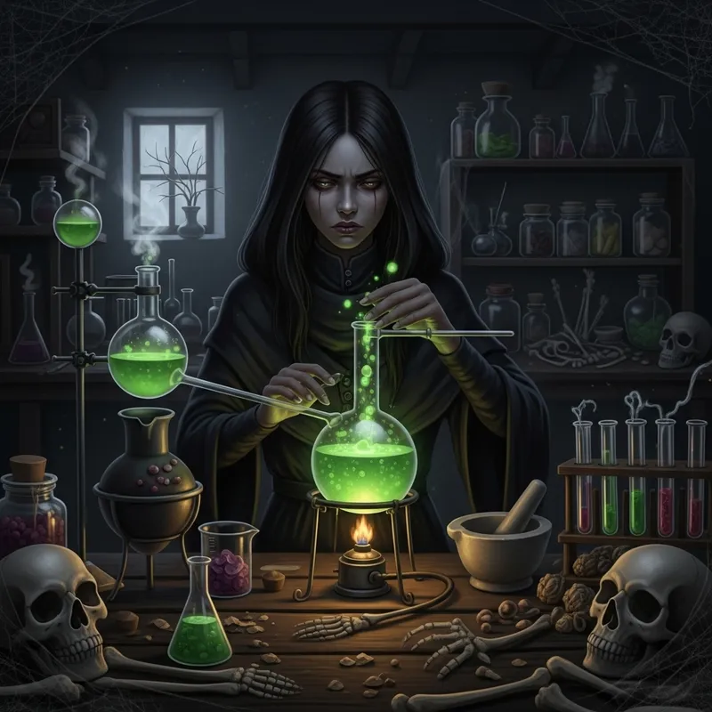 Gloomy Young Female Alchemist Brewing Green Poison Potion