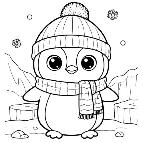 Cute Chibi Style Penguin Coloring Page - Black and White