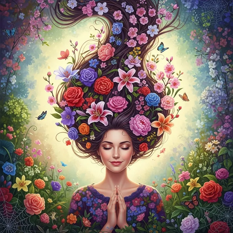 Woman in Spinning Hair Among Painted Flowers - A Perfect Composition