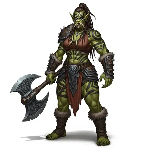 Fantasy Half-Orc Woman with Muscular Build Holding Double-Headed Axe
